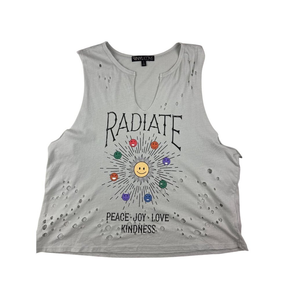 Vinyl Icons Women's Tank Top Radiate Pease Love Grey Distressed Cotton Small